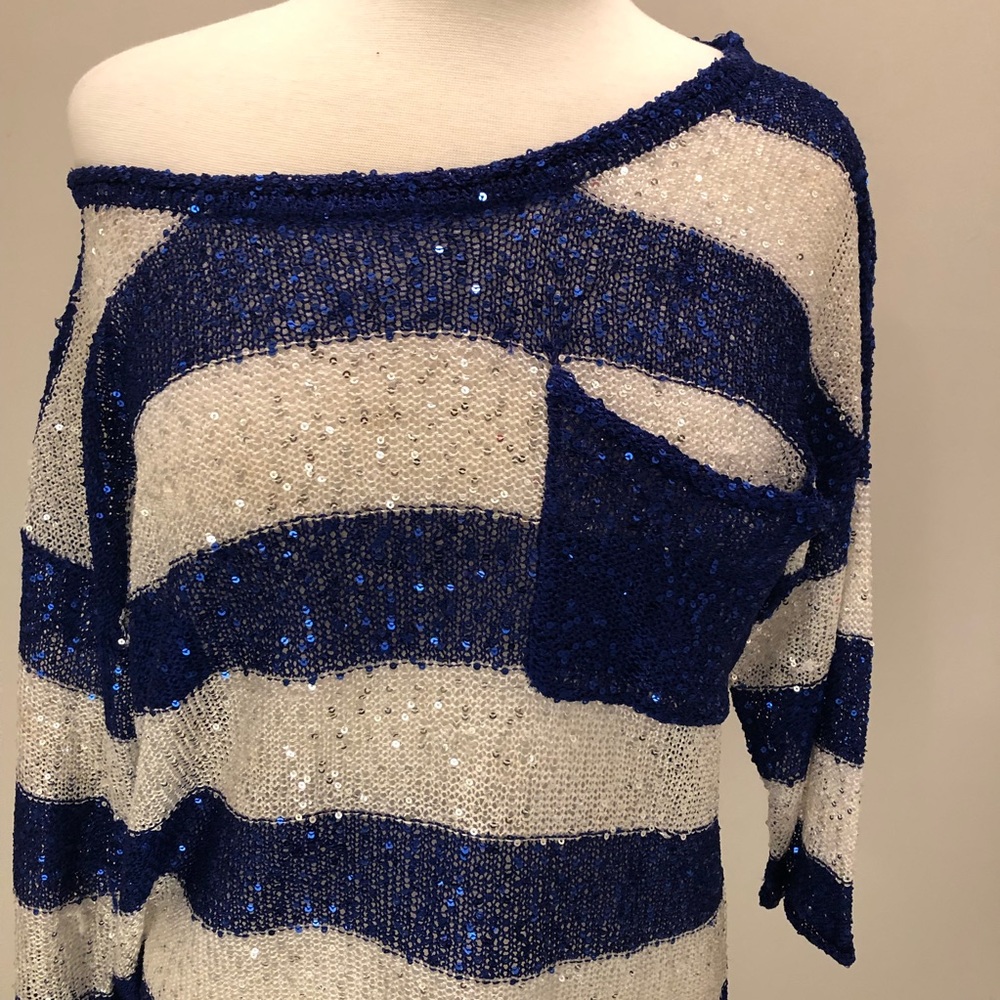Sequins Navy and White Stripped Knit Top